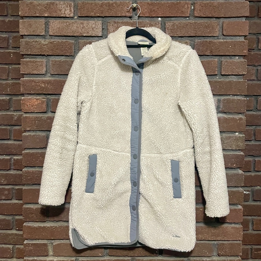LL Bean Mid-Length Ivory Mock Neck Sharpa Fleece Button Women's Coat XS